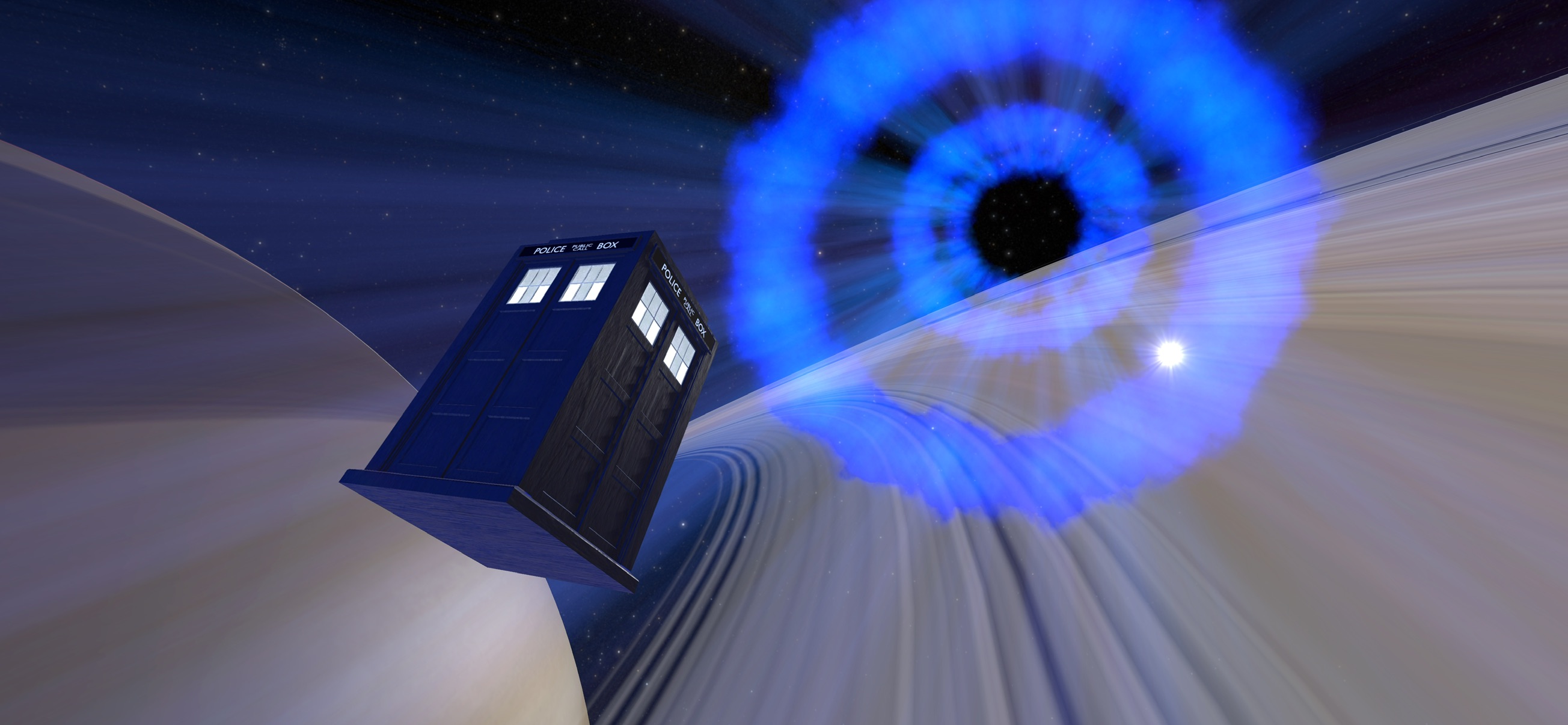 Your ship flying over the rings of Saturn at WARP speeds